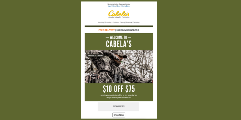 screenshot of Cabela's welcome email offering a discount